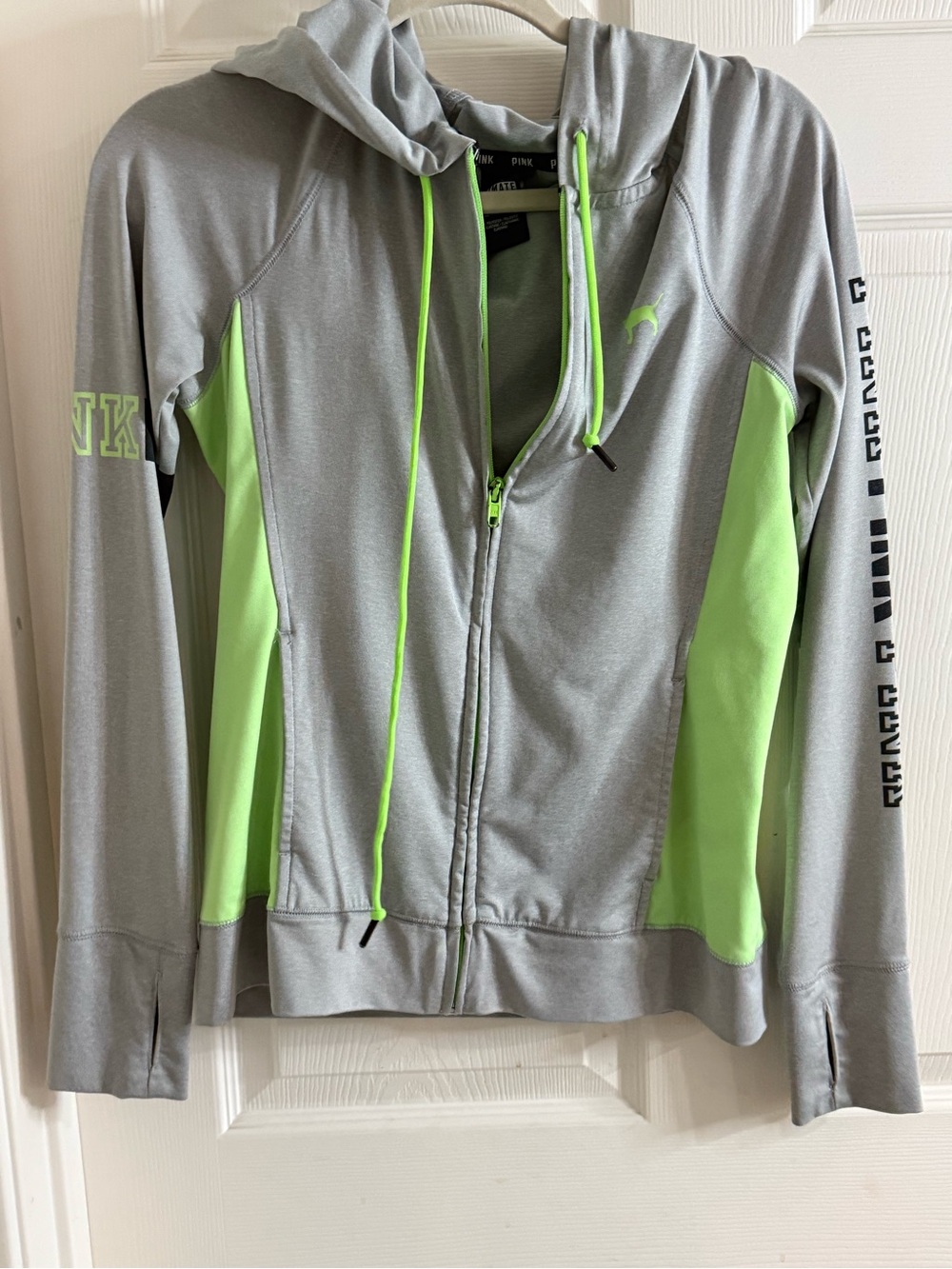 PINK Victoria's Secret Gray Hoodie with Neon Green Accents